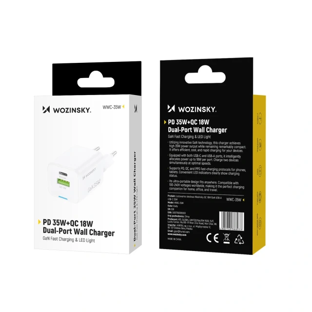 Сетевое зарядное устройство Wozinsky WWC-35W GaN USB-A + USB-C White (5907769388033)