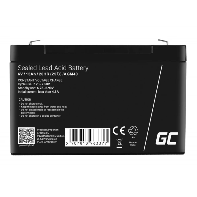 Акумулятор гелевий Green Cell AGM 6V 15Ah (AGM40)