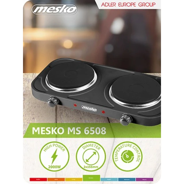 Електроплитка Adler MS 6509 2 конфорки 2000 Вт Black (5908256839137)