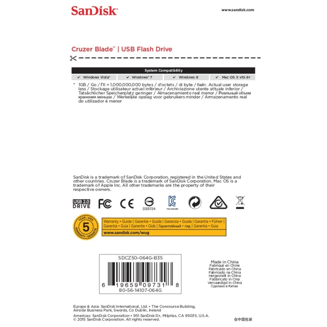 USB-накопичувач SanDisk Cruzer Blade SDCZ50-064G-B35 USB 2.0 64 GB Black (619659097318)