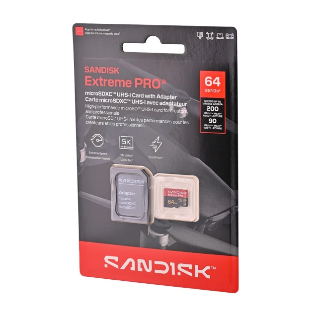 Карта пам'яті SanDisk Extreme Pro microSD UHS-I 64 ГБ 200 МБ/с читання 90 МБ/с запис (619659223410)
