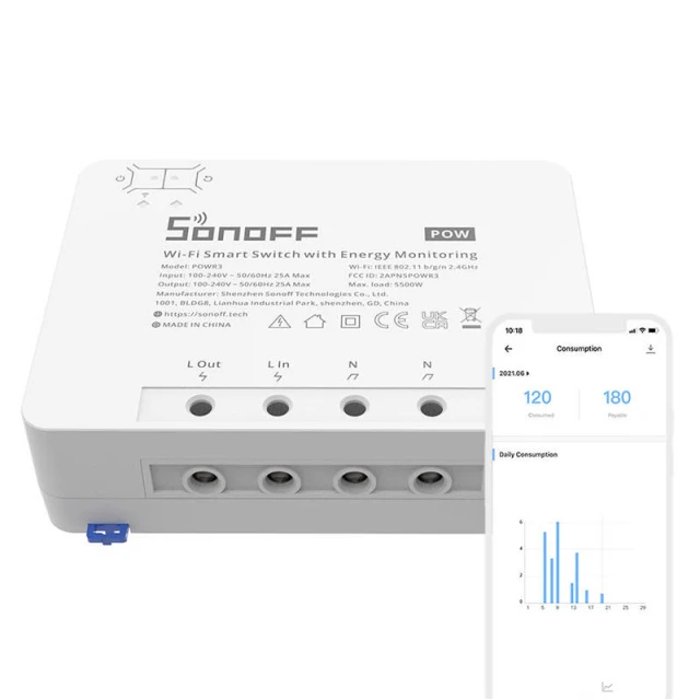 Розумний перемикач Wi-Fi Sonoff POWR3 з функцією вимірювання струму (POWR3)