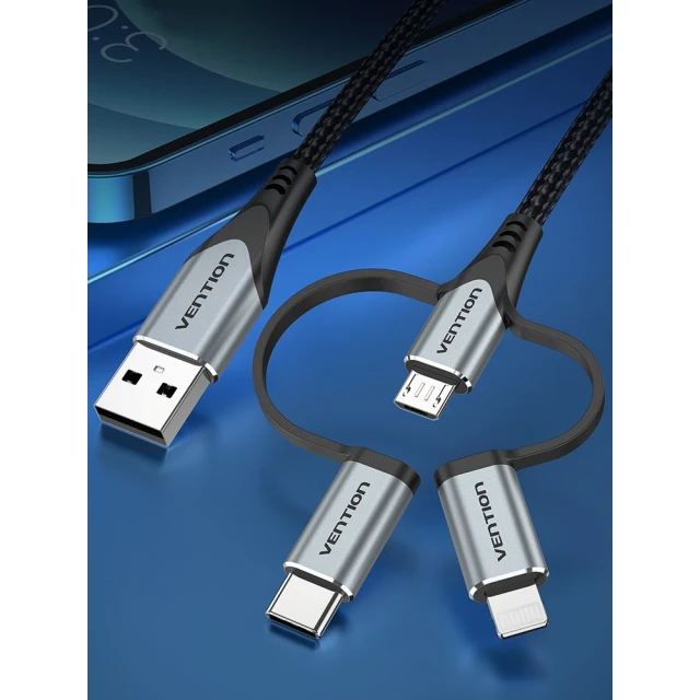 Кабель Vention USB-A 3в1 Micro-B USB-C Lightning 1 м Gray (6922794752856)