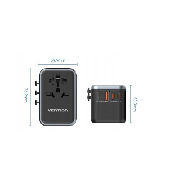 Універсальний мережевий адаптер Vention 65 Вт GaN 2x USB-A 2x USB-C Black (6922794784345)