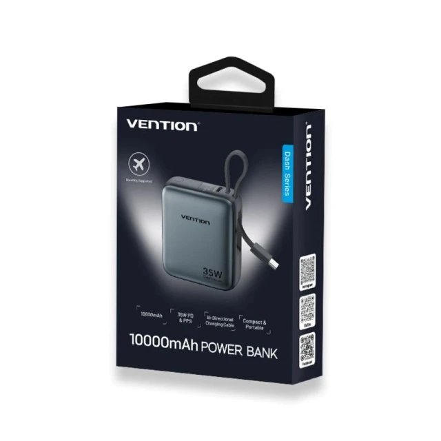 Портативний зарядний пристрій Vention 10000 mAh 35 Вт PD з вбудованим кабелем USB-C Gray (6922794789180)