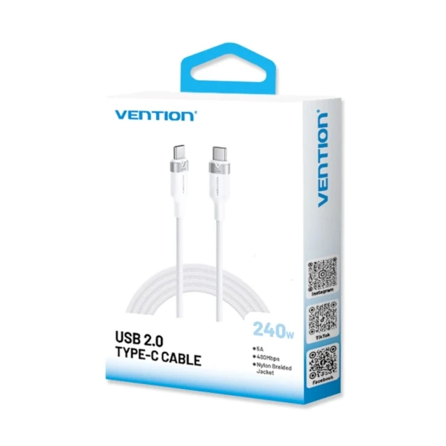 Кабель Vention USB-C to USB-C USB 2.0 PD 3.1 5A 240W 2 м White (6922794789562)