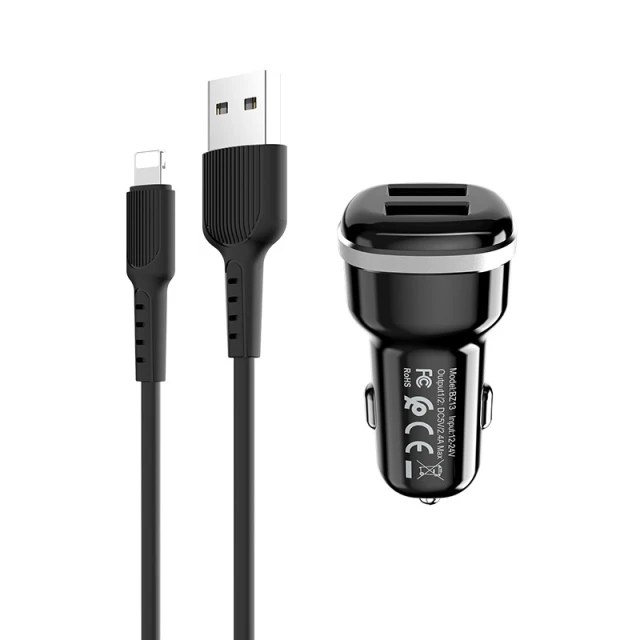 Автомобільний зарядний пристрій Borofone 2x USB з кабелем Lightning Black (BFO-BZ13-L-B)