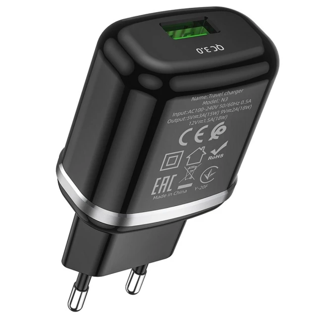 Мережевий зарядний пристрій Hoco N3 USB A QC3.0 3A 18W Black (6931474729347)