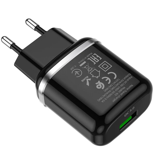 Мережевий зарядний пристрій Hoco N3 USB A QC3.0 3A 18W Black (6931474729347)