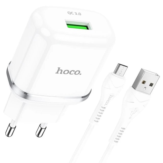 Мережевий зарядний пристрій Hoco N3 USB A QC3.0 3A 18W + кабель USB A to Micro USB White (6931474729378)