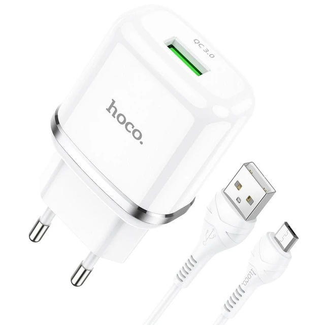 Мережевий зарядний пристрій Hoco N3 USB A QC3.0 3A 18W + кабель USB A to Micro USB White (6931474729378)