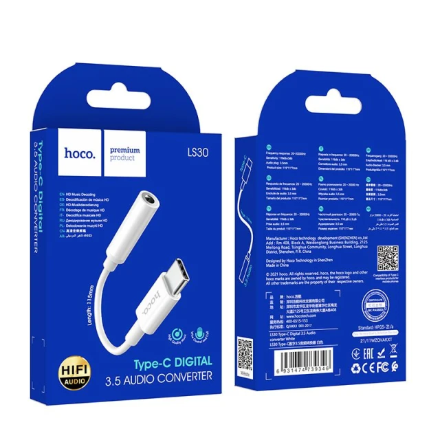Адаптер Hoco LS30 AUX USB C to Jack 3.5mm White (6931474739346)