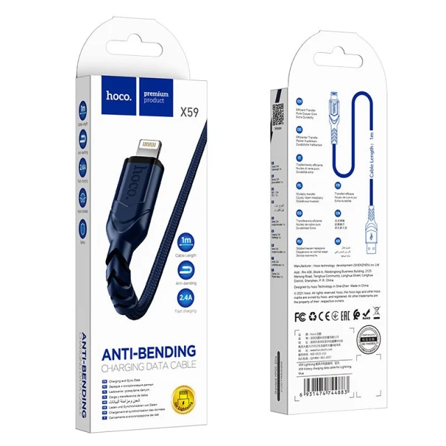 Кабель Hoco X59 USB-A to Lightning 2.4A 1m Blue (6931474744883)