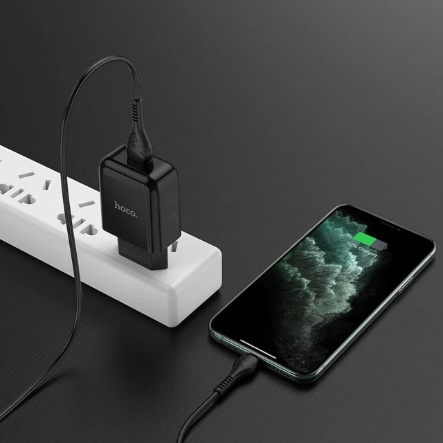 Сетевое зарядное устройство Hoco N2 USB A 2A 10W + кабель USB A to Lightning Black (6931474746115)