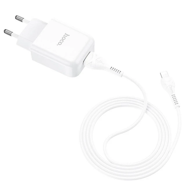 Мережевий зарядний пристрій Hoco N2 USB A 2A 10W + кабель USB A to Lightning White (6931474746122)
