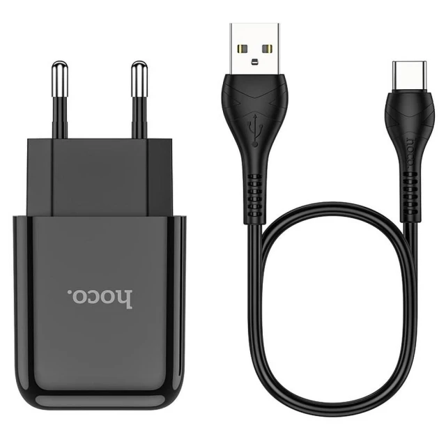 Сетевое зарядное устройство Hoco N2 USB A 2A 10W + кабель USB A to USB C Black (6931474746153)