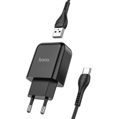 Мережевий зарядний пристрій Hoco N2 USB A 2A 10W + кабель USB A to USB C Black (6931474746153)