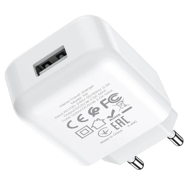 Сетевое зарядное устройство Hoco N2 USB A 2A 10W + кабель USB A to USB C White (6931474746160)