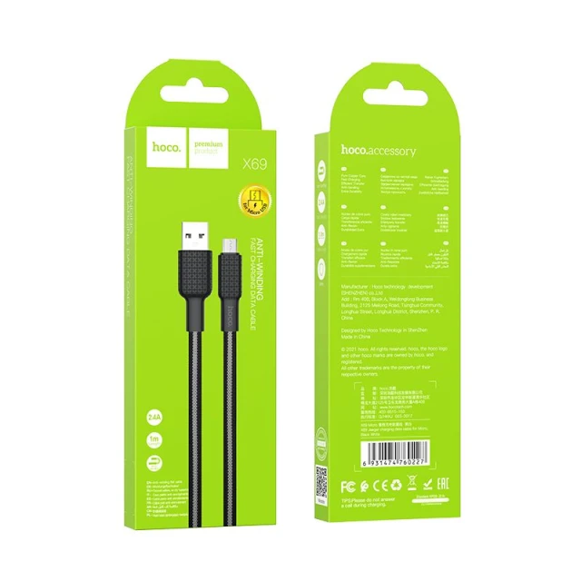 Кабель Hoco X69 USB A to Micro USB 2.4A 1 m Black White (6931474760227)