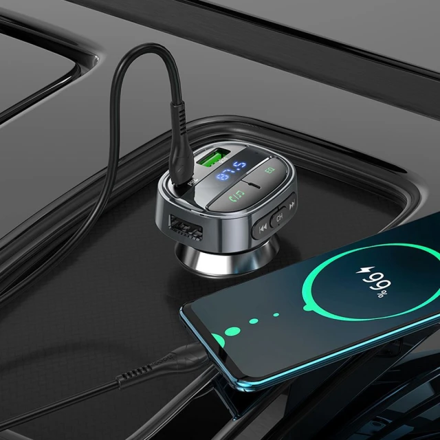 Автозарядка Hoco E70 USB-A + USB-C PD QC3.0 5A 30W з дисплеєм + FM-трансмітер BT Black (6931474765246)