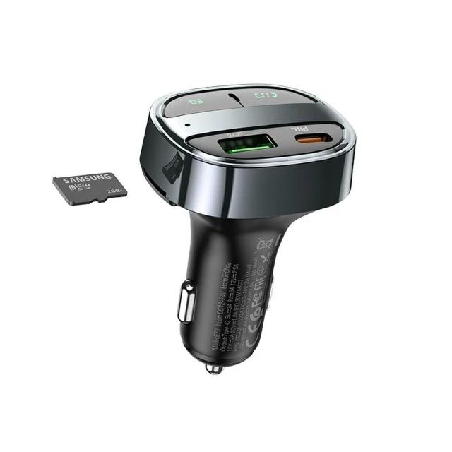 Автозарядка Hoco E70 USB-A + USB-C PD QC3.0 5A 30W з дисплеєм + FM-трансмітер BT Black (6931474765246)