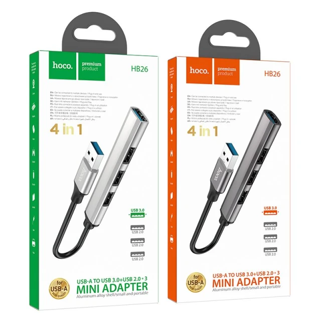 Адаптер HUB 4в1 USB 3.0 + USB 2.0 x3 Hoco HB26 Grey (6931474765468)