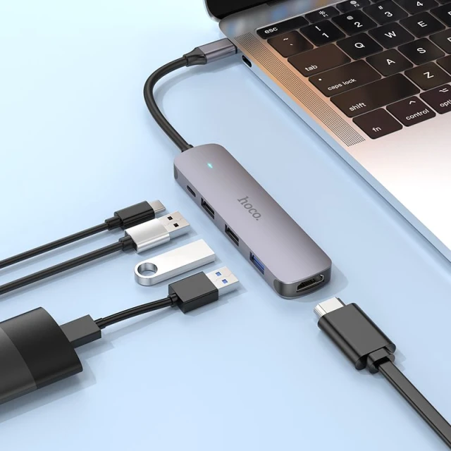 Адаптер HUB 5в1 Hoco HB27 (HDTV+USB 3.0+USB 2.0 x2+PD) USB-C Grey (6931474769329)