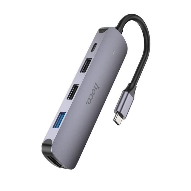 Адаптер HUB 5в1 Hoco HB27 (HDTV+USB 3.0+USB 2.0 x2+PD) USB-C Grey (6931474769329)