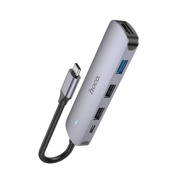 Адаптер HUB 5в1 Hoco HB27 (HDTV+USB 3.0+USB 2.0 x2+PD) USB-C Grey (6931474769329)