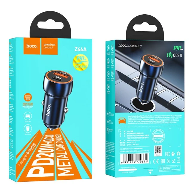 Автомобільний зарядний пристрій Hoco Z46A USB A + USB C QC3.0 PD 20W Blue (6931474770349)