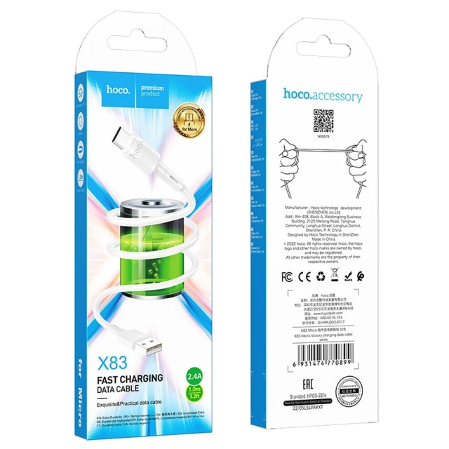 Кабель Hoco X83 USB-A to Micro USB 2.4A 1m White (6931474770899)