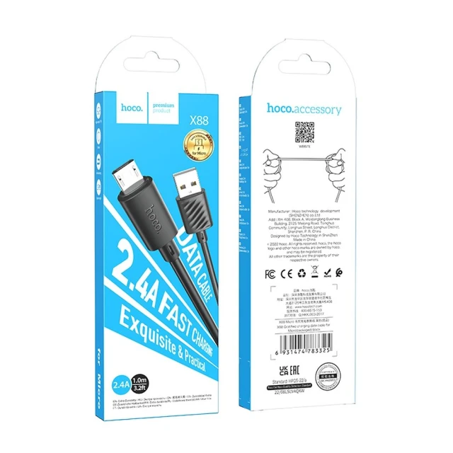 Кабель HOCO USB A to Micro USB X88 2.4A 1 м Black (6931474783325)