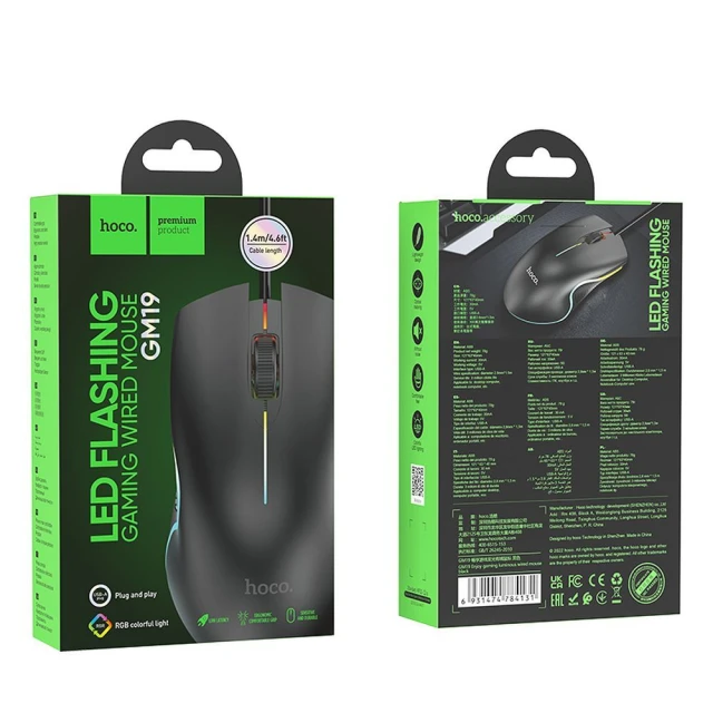 Миша дротова Hoco GM19 USB A 1000 dpi з підсвічуванням Black (6931474784131)