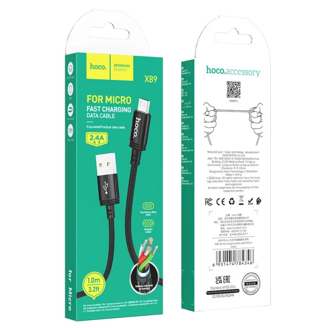 Кабель USB A до Micro USB Hoco X89 2.4A 1 м Black (6931474784346)