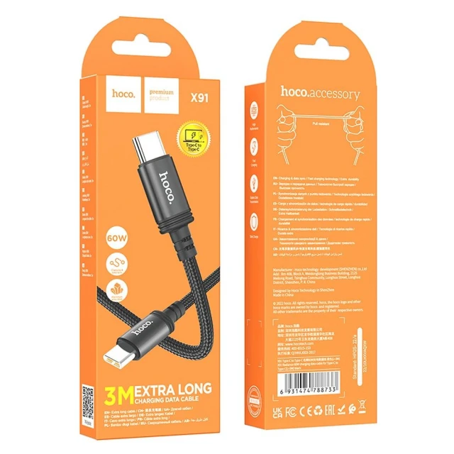Кабель Hoco X91 USB C to USB C PD 3A 60W 3m Black (6931474788733)