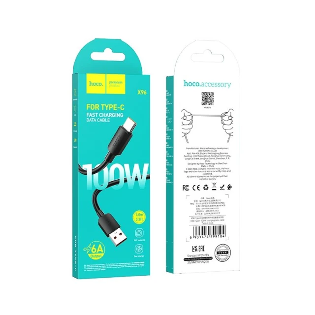 Кабель Hoco X96 USB A to USB C PD 6A 100W 1m Black (6931474799104)