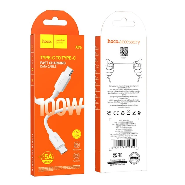 Кабель USB-C to USB-C Hoco X96 PD 6A 100W 1m White (6931474799159)