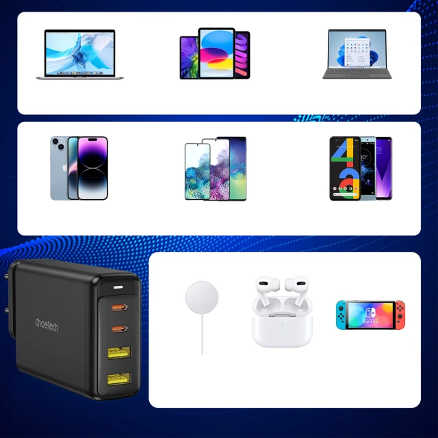 Мережевий зарядний пристрій Choetech 140W 2xUSB-C | 2xUSB-A Black (01.01.02.XX-PD6005-EU-BK)