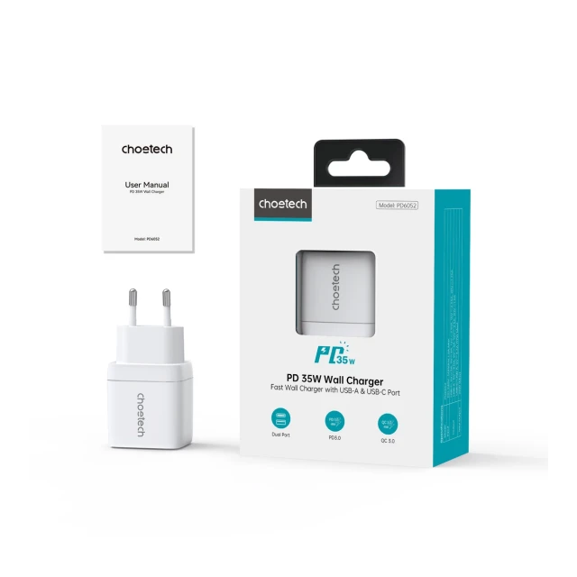Мережевий зарядний пристрій Choetech GaN3 PD 35W USB-A | USB-C White (PD6052)