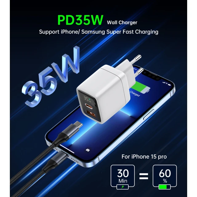 Мережевий зарядний пристрій Choetech GaN3 PD 35W USB-A | USB-C White (PD6052)