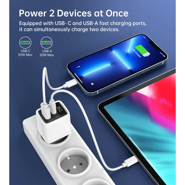 Мережевий зарядний пристрій Choetech GaN3 PD 35W USB-A | USB-C White (PD6052)