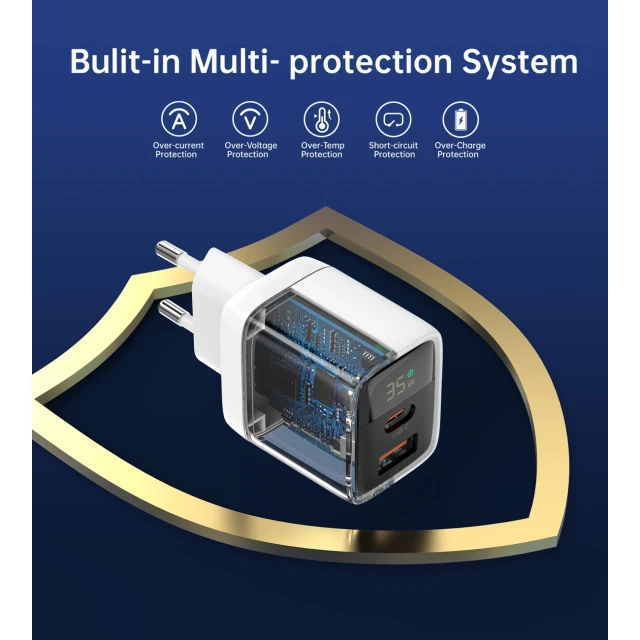 Мережевий зарядний пристрій Choetech GaN3 PD 35W USB-A | USB-C White (PD6052)