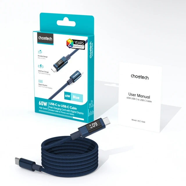 Кабель Choetech PD60W USB-C to USB-C Digital Display 1.2m Nylon Blue (6932112112217)