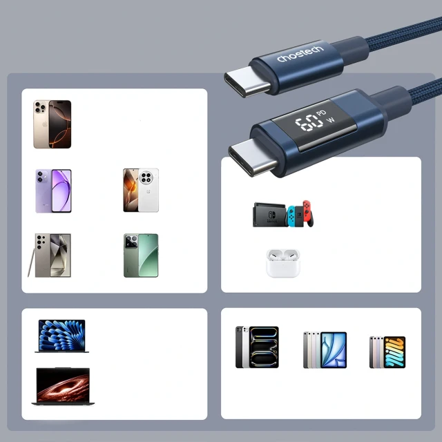Кабель Choetech PD60W USB-C to USB-C Digital Display 1.2m Nylon Blue (6932112112217)