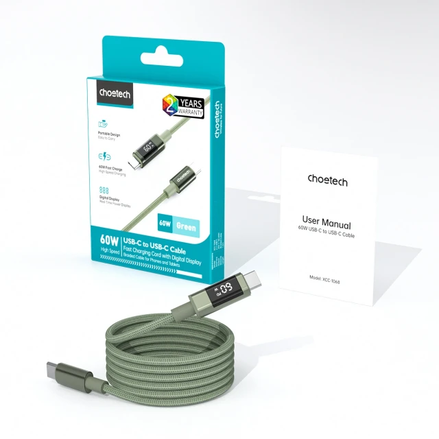 Кабель Choetech PD60W USB-C to USB-C Digital Display 1.2m Nylon Green (6932112112231)