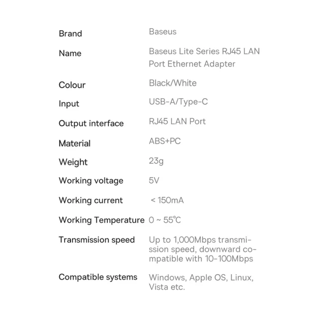Адаптер Baseus Lite Series USB-C to Ethernet Black (WKQX000301)
