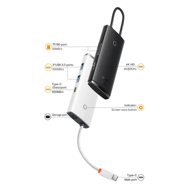 USB-хаб Baseus Lite Series 6-in-1 USB-C to 2xUSB-A/USB-C/HDMI/SD/TF Black (WKQX050001)