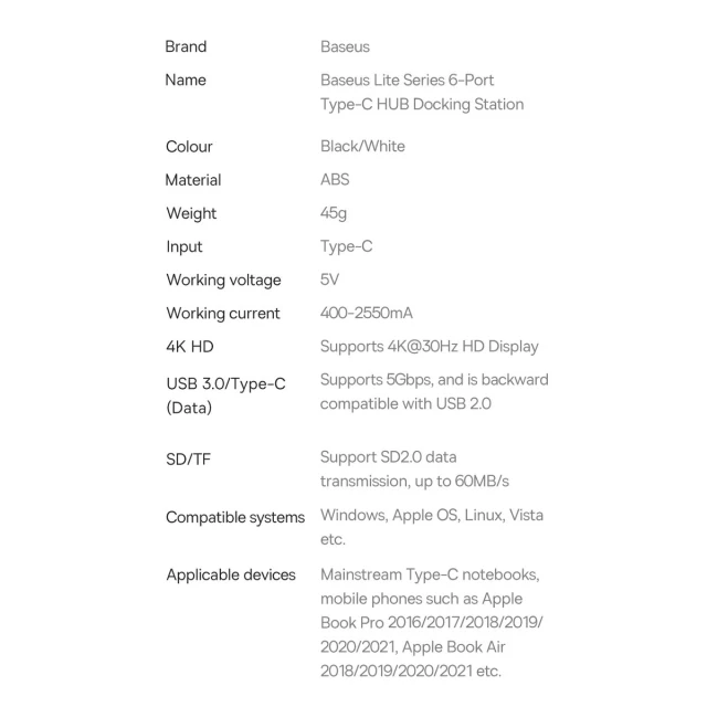 USB-хаб Baseus Lite Series 6-in-1 USB-C to 2xUSB-A/USB-C/HDMI/SD/TF Black (WKQX050001)