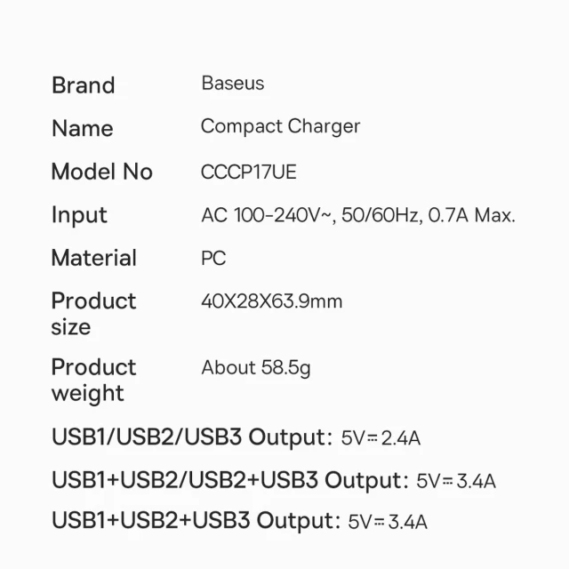Мережевий зарядний пристрій Baseus Compact 17W 3xUSB-A White (CCXJ020102)