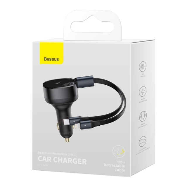 Автомобільний зарядний пристрій Baseus Enjoyment Retractable 30W with Lightning/USB-C Cable Black (CGTX000001)